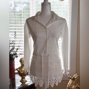 Elegant White Long Sleeve Button Down Crochet Hem